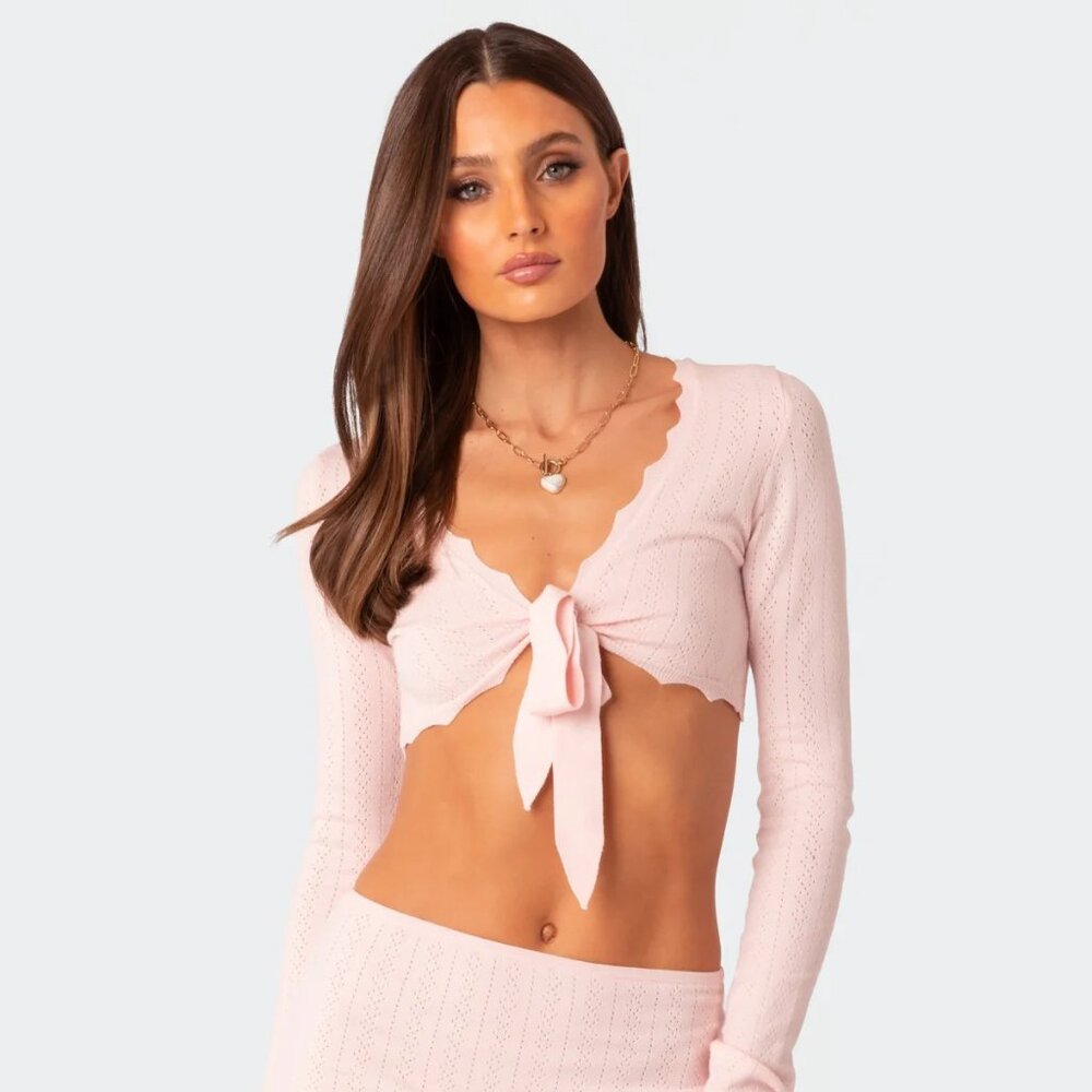 Pointelle Tie Front Knit Crop Top XS